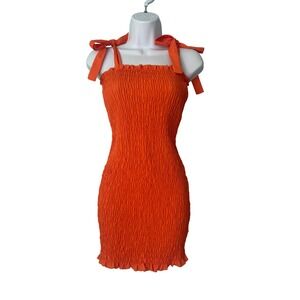 Chic Me Orange Smocked Tie Shoulder Mini Dress Small Festival Beach Vacation